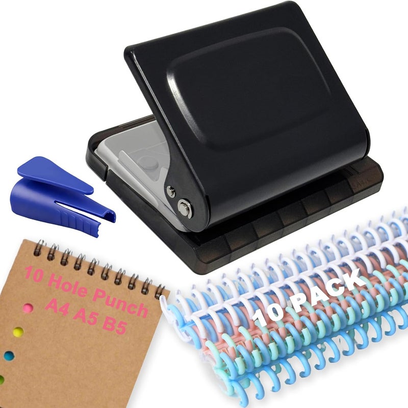 Silvaxis 10 Hole Punch Binding Machine for Planner, Manual Binding System with 10 Multi-Color Binder Rings for Making 26 Holes on B5, 30 Holes on A4, 20 Holes on A5 Book, 10 Sheet Capacity - Black - Image 1